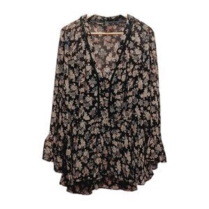 City Chic Women's Black Floral Peplum Boho Tunic Top Size XXL